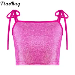 Shiny Sequins Bronzing Cloth Dance Vest Kids Girls Ballet Jazz Dance Stage Performance Wear Lace-up Spaghetti Straps Crop Tops