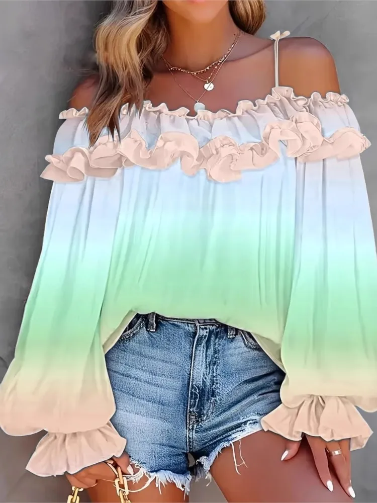 Fashion Off-shoulder Lace-Up Blouse Women Casual Loose Top Spring Autumn Long Sleeve Gradient Print Shirt Ruffles Vacation Style