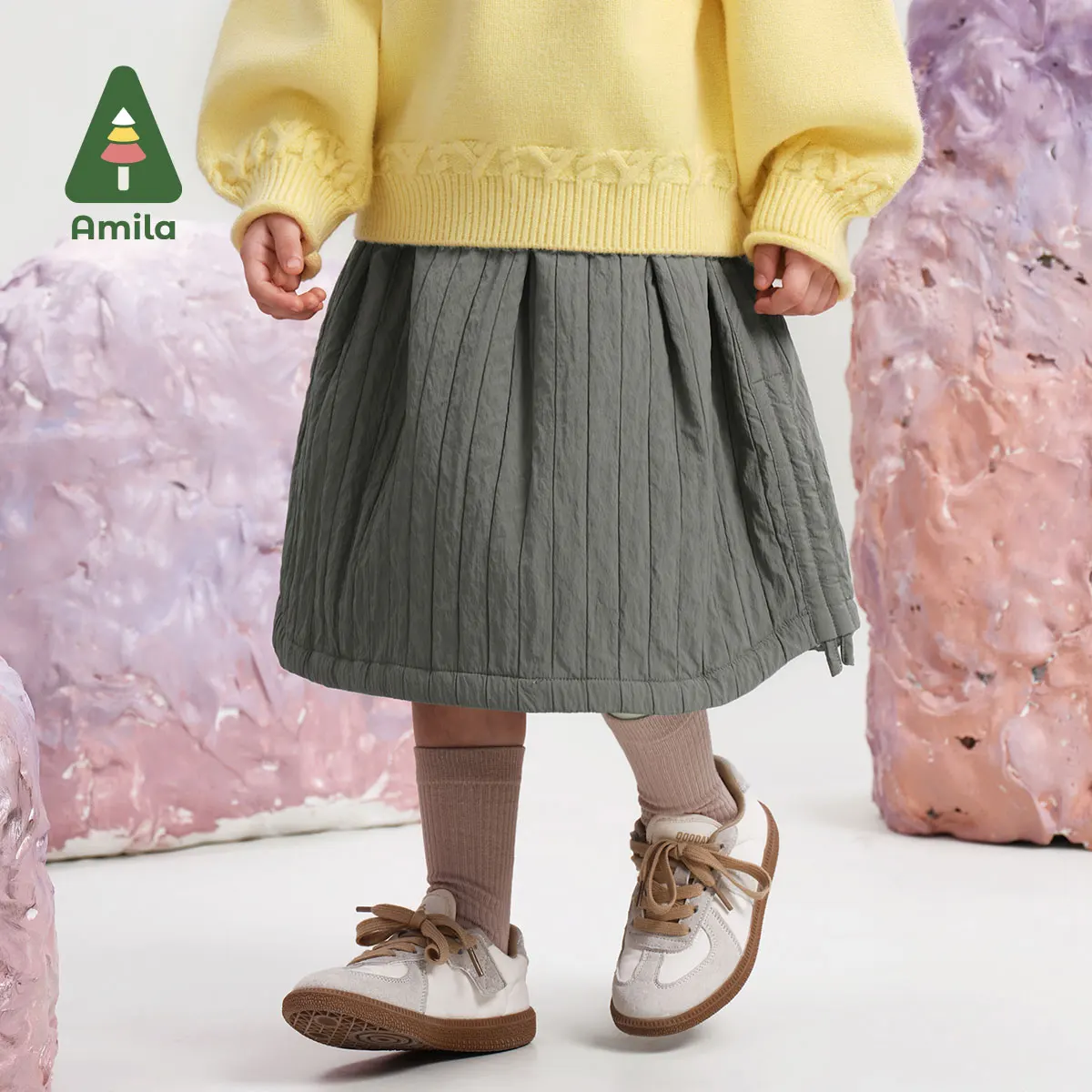 Amila Baby Skirt 2024 Winter New Style Girls Solid Color Warm, Soft And Skin-Friendly Basic Versatile Casual Children\'s Skirt