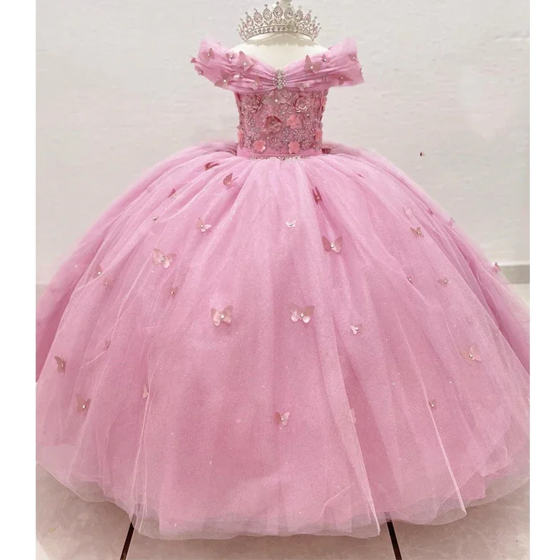 Pink 3D Bufferfly Flower Girls Dress Off Shoulder Ball Gown For Birthday Lace Crystals Beads Bow Princess Child Girls Ball Gown