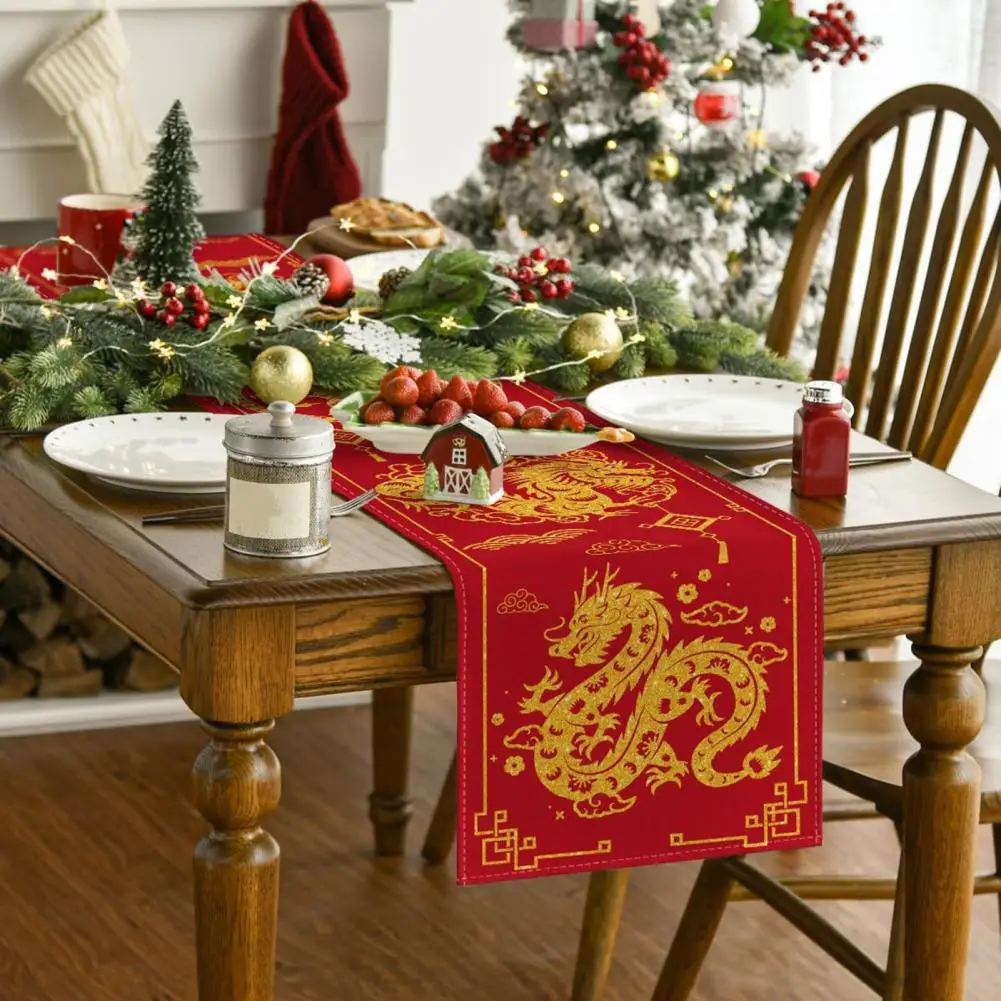 Dragon Year Table Decoration Cloth Dragon Print New Year Table Runner with Sequin Decoration Anti-scalding for Holiday