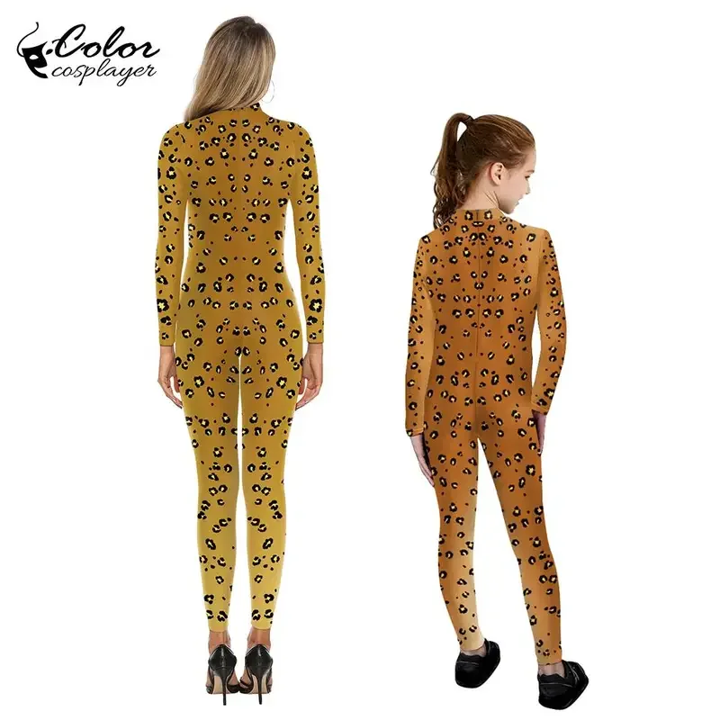 Color Cosplayer Hallowen Jumpsuit Outfit 3D Digital Leopard Printing Cosplay Costume Parent-Child Spandex Catsuit Zentai Catsuit