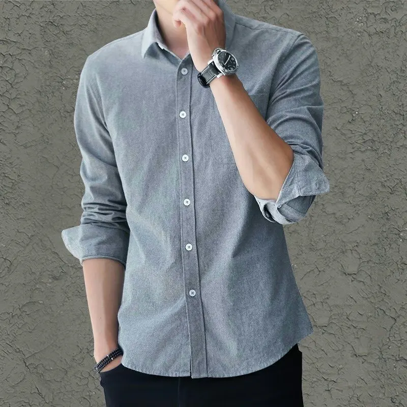 

Spring Summer Men's Slim Fit Long Sleeve Oxford Cloth Shirt Casual Business Sun Protection Iron Free Shirt Grey Anti-Wrinkle