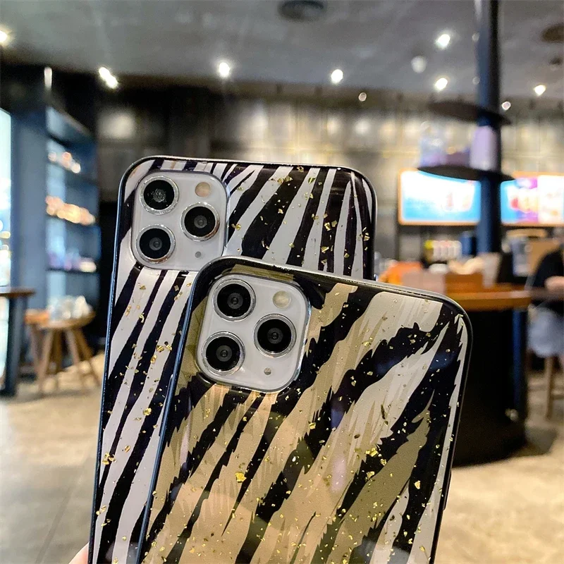 Glitter Gold Foil Silicone Phone Case For iPhone 16 15 14 13 12 11 Pro Max Plus Cute Painted Flower Zebra Leopard Dog Leaf Cover