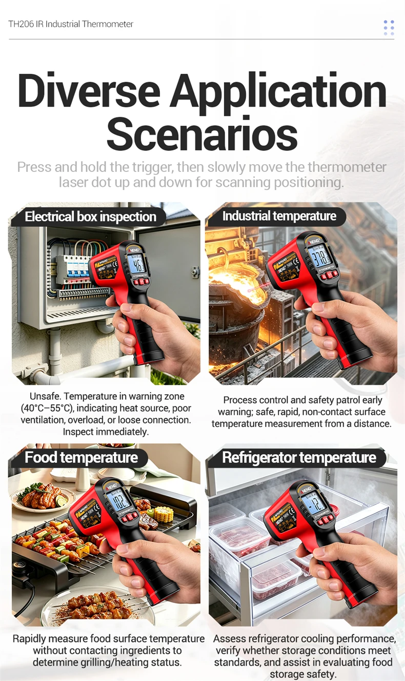 ANENG TH206 Infrarot-Thermometer ‑50 ℃ ‑400 ℃ 12:1 D:S-Verhältnis Laser-Zielung ℃ / ℉ Berührungsloser Temperaturmesser mit Datenhaltefunktion und Hintergrundbeleuchtung – Detail 13