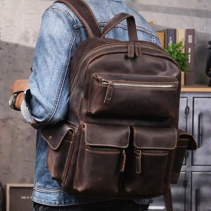 PNDME vintage handmade crazy horse cowhide men's women's backpack outdoor travel genuine leather large-capacity schoolbag