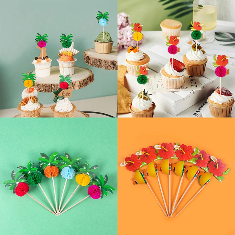 

50pcs Hawaiian Food Fruit Toothpick Tropical Flower Coconut Tree Honeycomb Bamboo Pick Summer Beach Birthday party Decorations