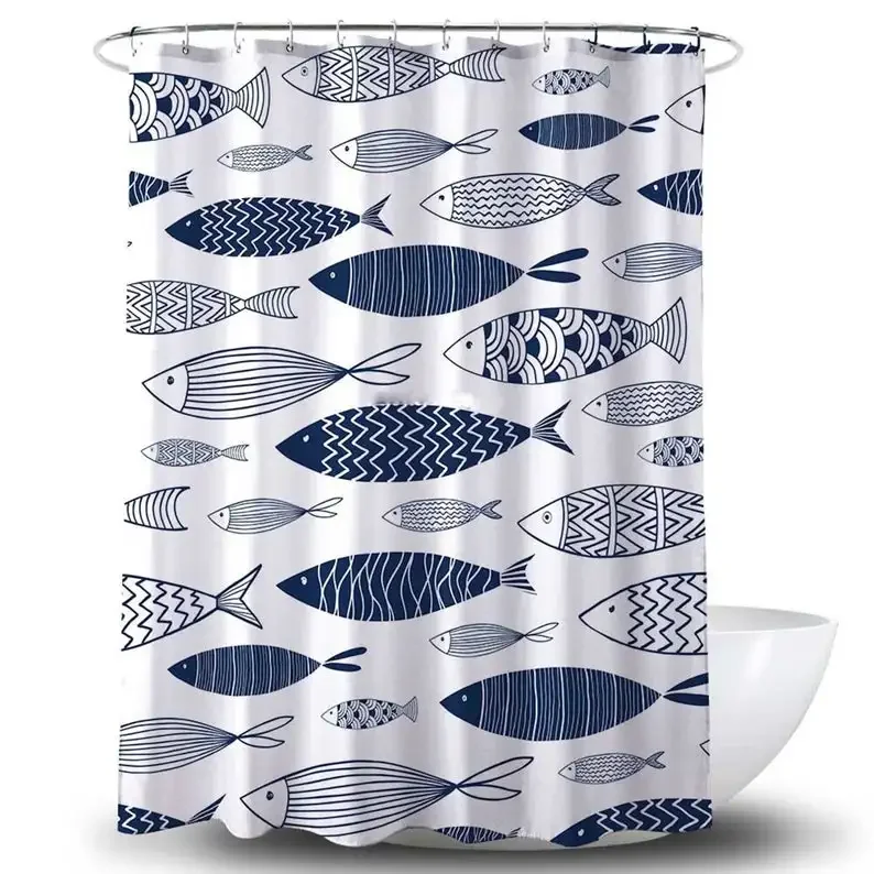 Blue Fish Nordic Shower Curtain Underwater World Ocean Sea Fishes Scandinavian Danish Design Bathroom Decor