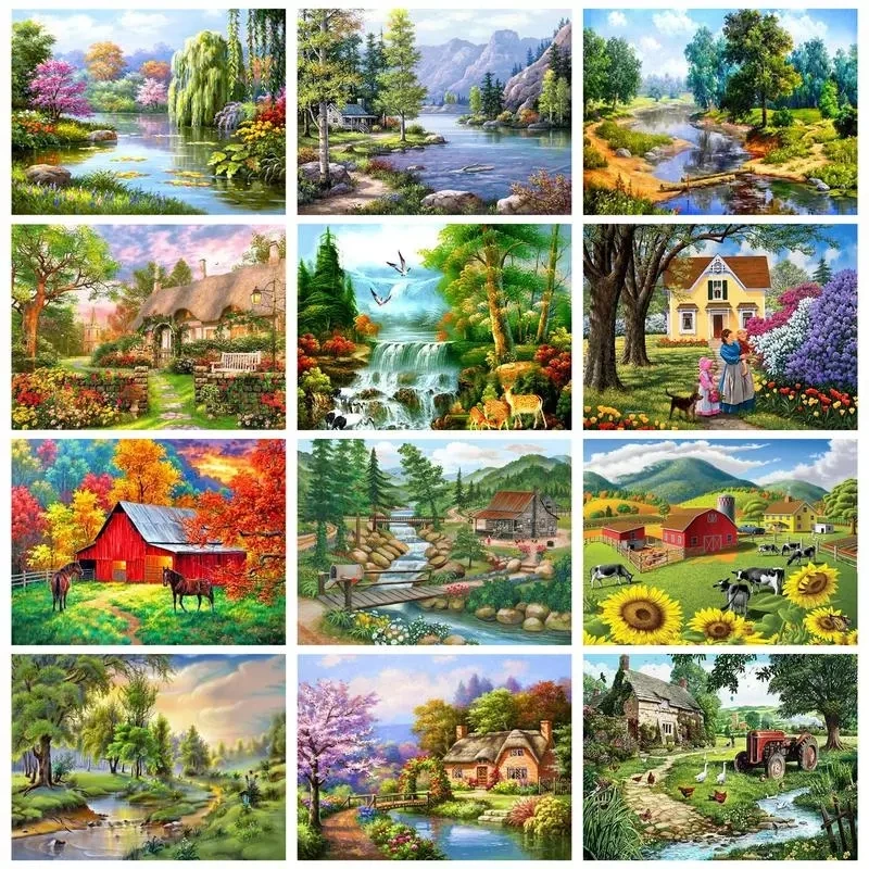 CHENISTORY Diamond Painting With Frame Countryside Landscape For Handicrafts Mosaic Art Wall Decors For Adults Cross Stitch Gift