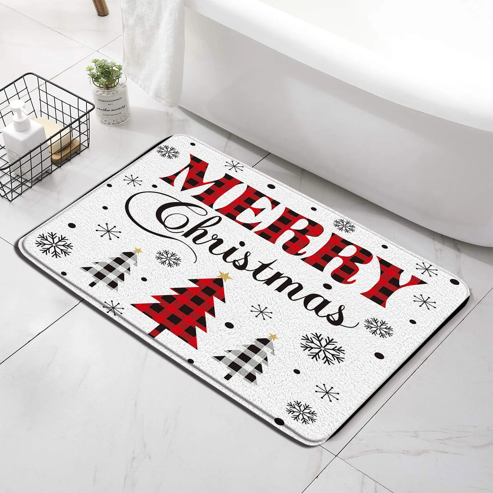 Christmas Bath Mat Black White Red Black Buffalo Checker Pine Snowflake Bathroom Rug non-slip Bathtub Carpet Floor Mat Doormat