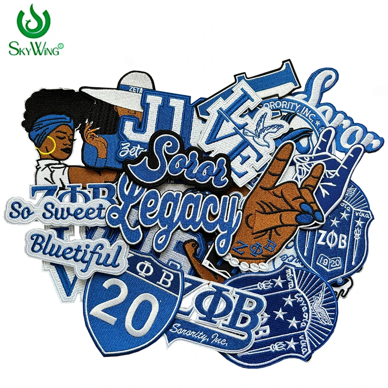 Serises Stock Blue & White Embroidery Sorority Zeta Phi Beta 1920 Soror Zeta Crest Round Zeta Hand Sign Iron Patch for Jackets