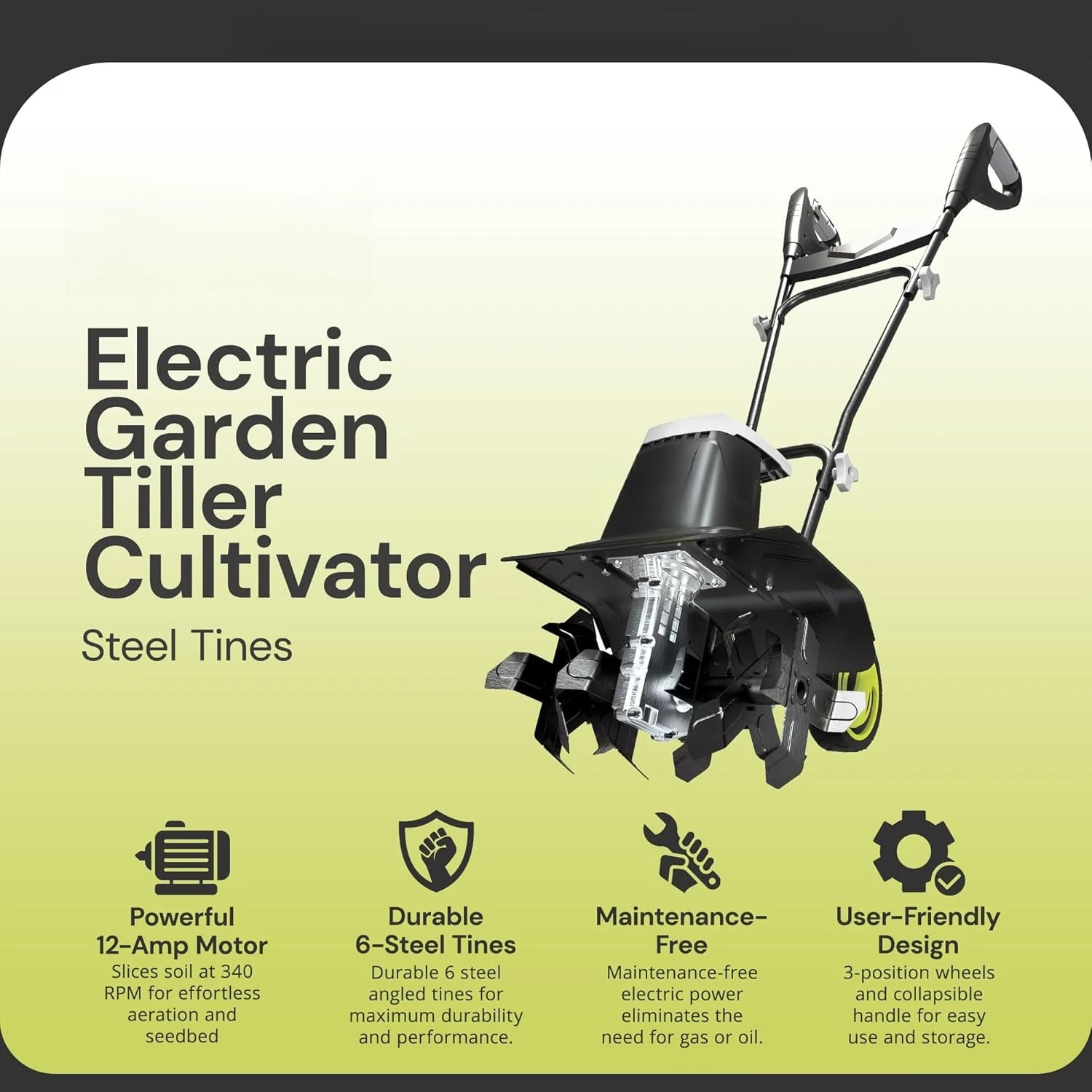 Cultivador elétrico de leme de jardim, latas de aço, 12 Amp, 16 polegadas, preto - Máquina de jardinagem resistente, gramados e pátios