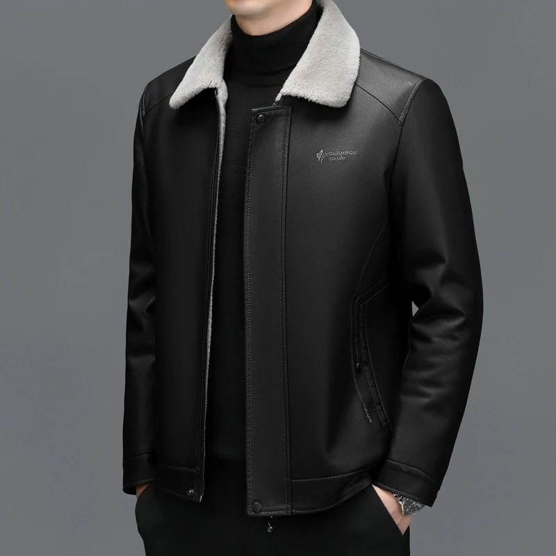 ZDT-8050 Winter Men's Down Jacket Thickened Warm Leather Jacket With Lapel And Fur Integrated Casual Business Leather Jacket