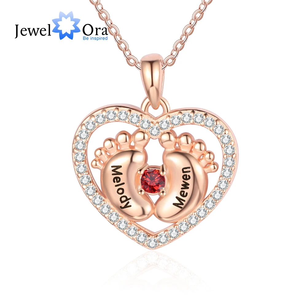 Rose Gold Color Personalized Baby Feet Pendant with Birthstone Custom Name Engraved Heart Necklace Mothers Day Gift Jewelry