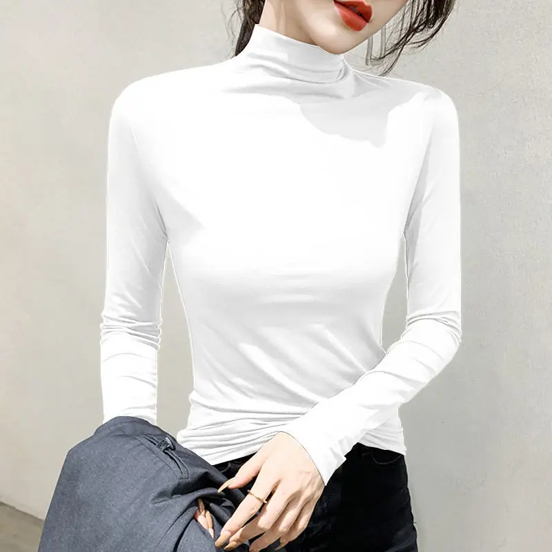 Half High Collar Bottoming Shirt Women's 2024 Autumn Winter New Slim Pullover Korean Female Solid Color Long Sleeve T-shirt