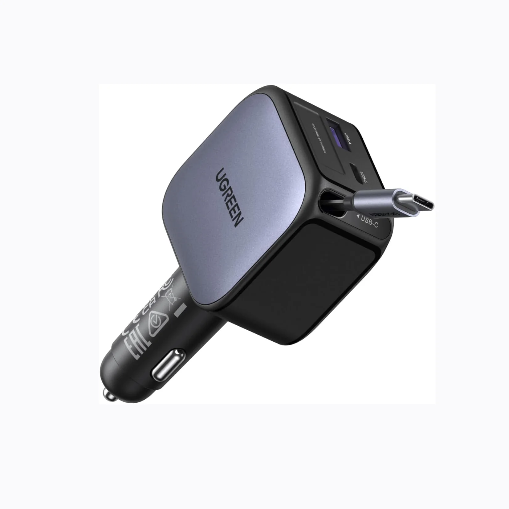

UGREEN 60W 2C1A Car Charger with Retractable Cable, 3-Port Fast Charger with 30W PD USB-C, USB-A, Cigarette Lighter Adapter