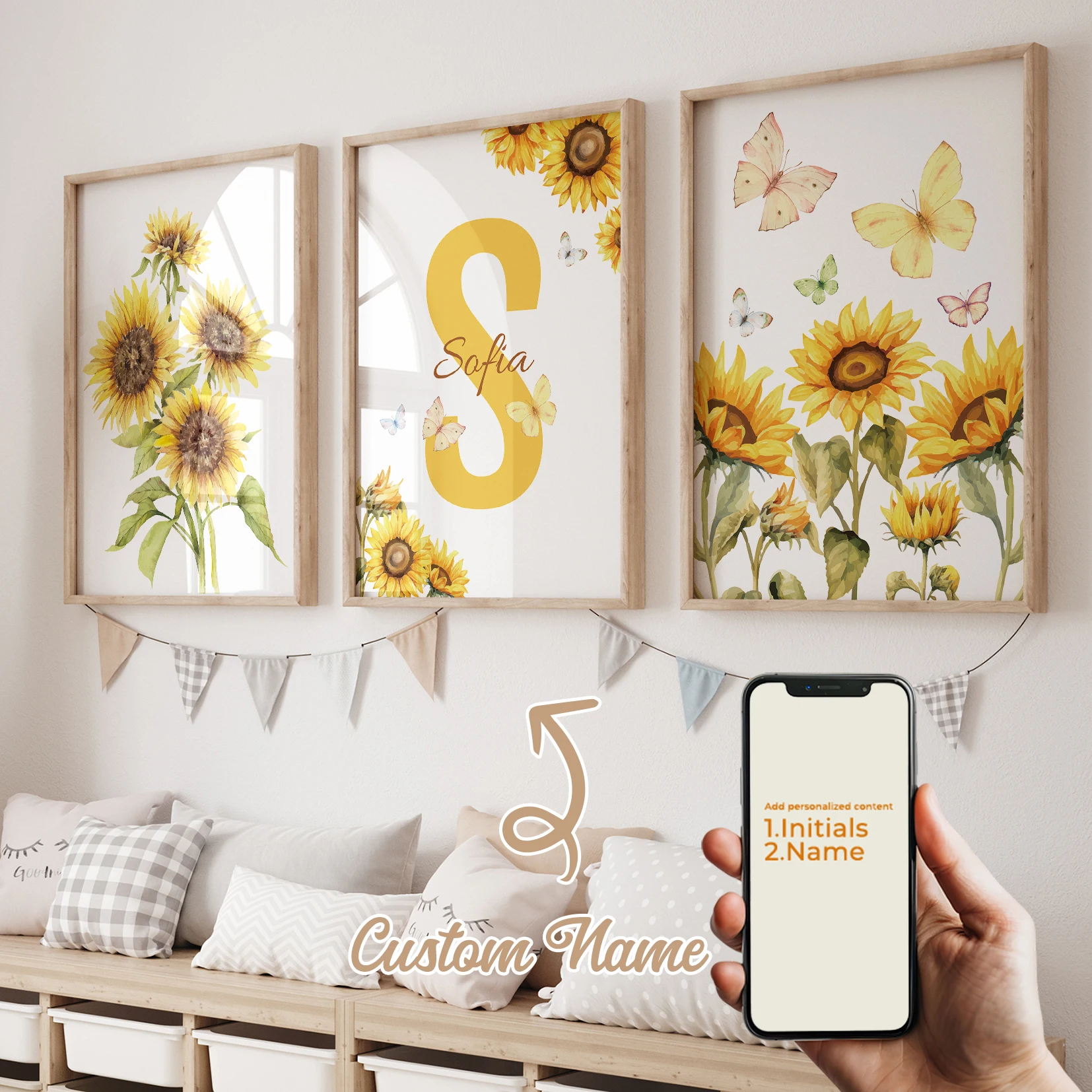 

Modern Personalized Name Custom Yellow Sunflower Butterfly Wall Art Print Canvas Painting Poster Picture For Kid Room Home Decor