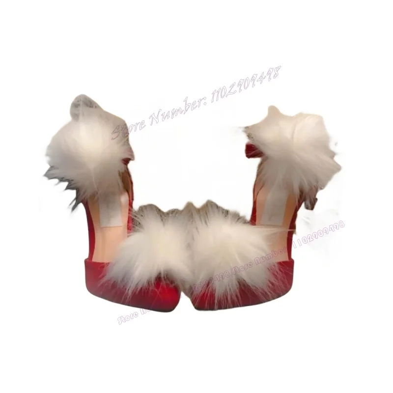 Red Fur Decor Shallow Christmas Pumps Pointed Toe Shoes for Women Thin High Heels Cosplay Sexy Shoes 2023 Zapatos Para Mujere