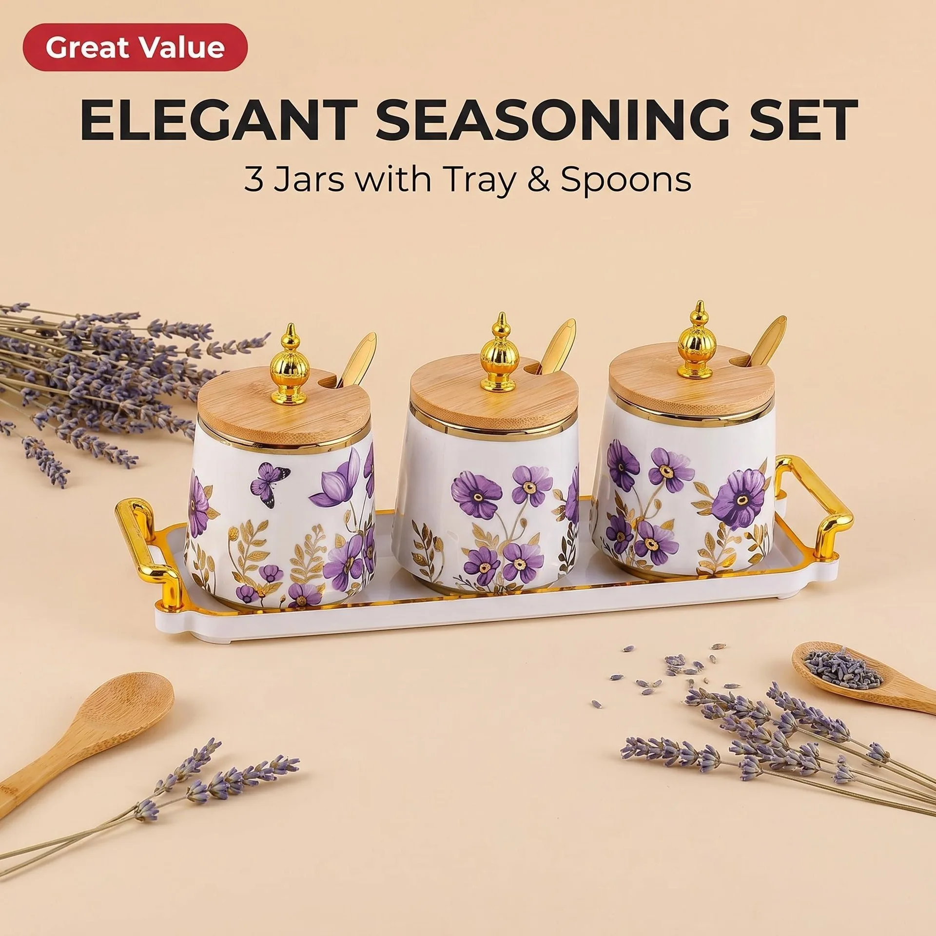Light luxury purple flower ceramic seasoning jar three-piece set with bamboo cover spoon tray kitchen moisture-proof seasoning