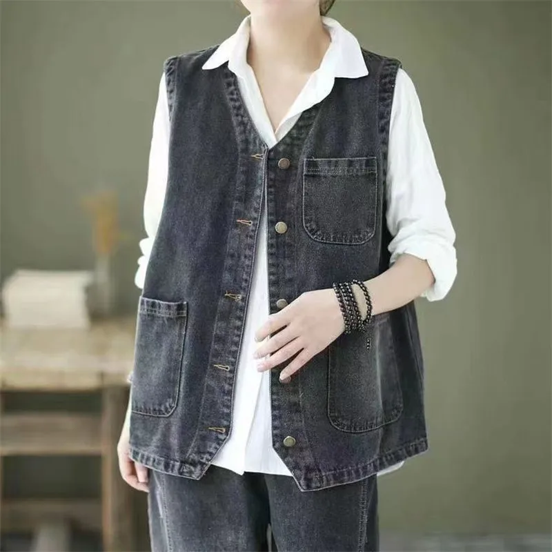 

Single-Breasted Denim Vest Jacket Women 2025Spring Summer Large Size Cowboy Waistcoat Outwear Fashion Female Sleeveless Coat Top