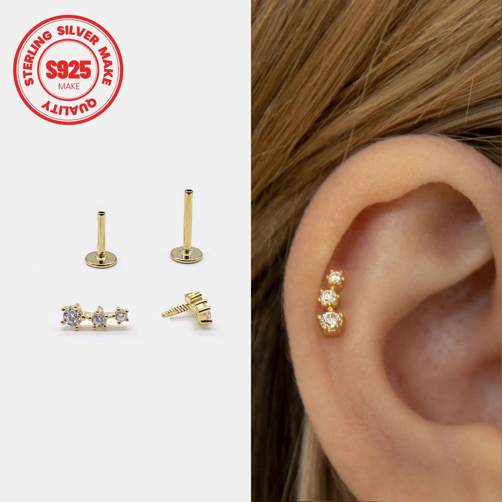 

2024 S925 Sterling Silver European American Zircon Bottomed Puncture Ear Bone Women Screw Studs Drilling Cartilage Nail Earrings