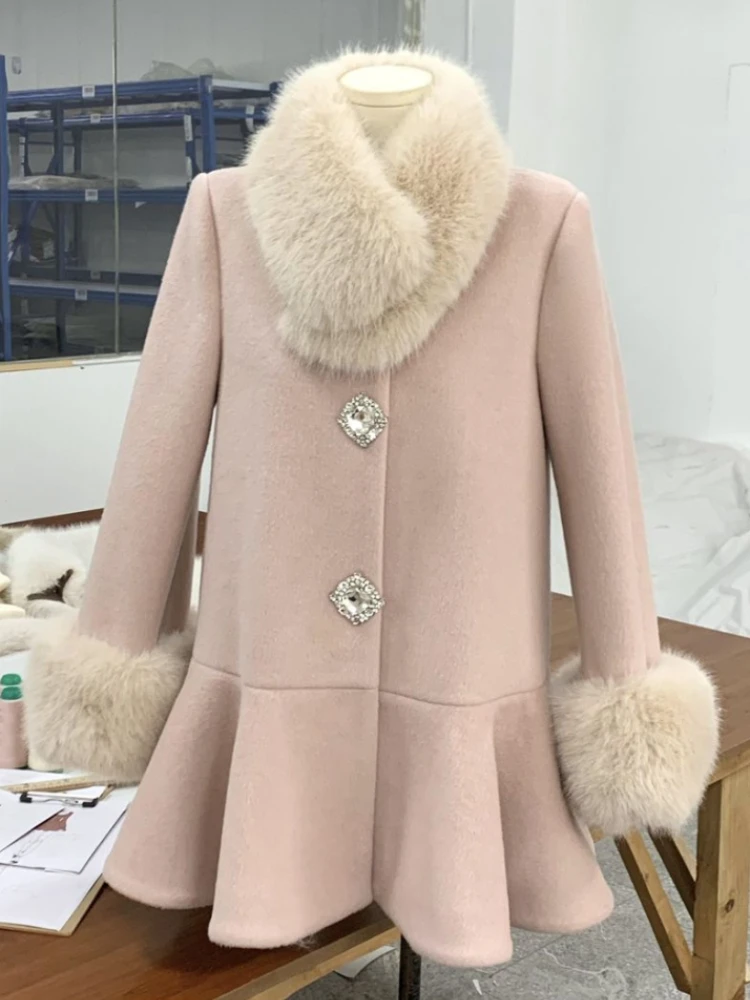 Pink Woolen Vintage Coat Woman Winter New Harajuku Elegant Design Woolen Collar Warm Dress Female Sweet Koea Fashion Chic Jacket