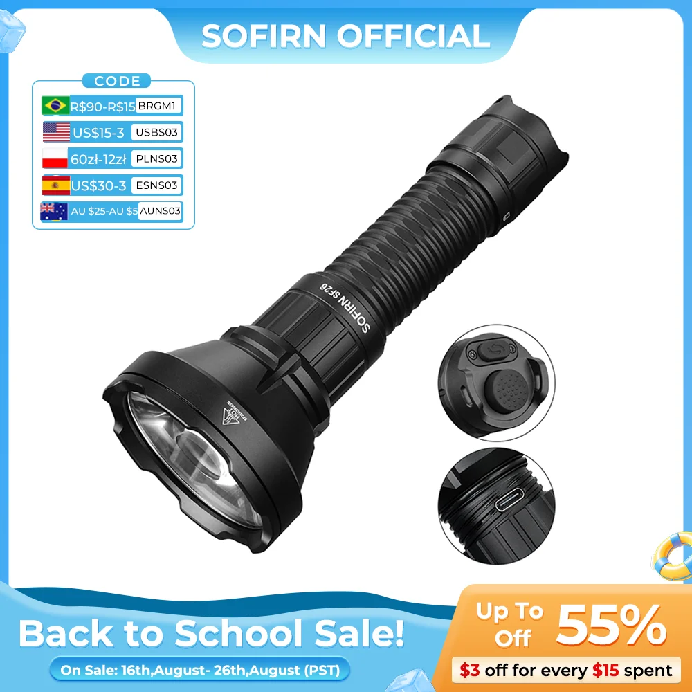 Sofirn SF26 21700 Lanterna tática 2000lm 964m Tocha recarregável USB C de longo alcance com interruptor de cauda dupla IPX-8