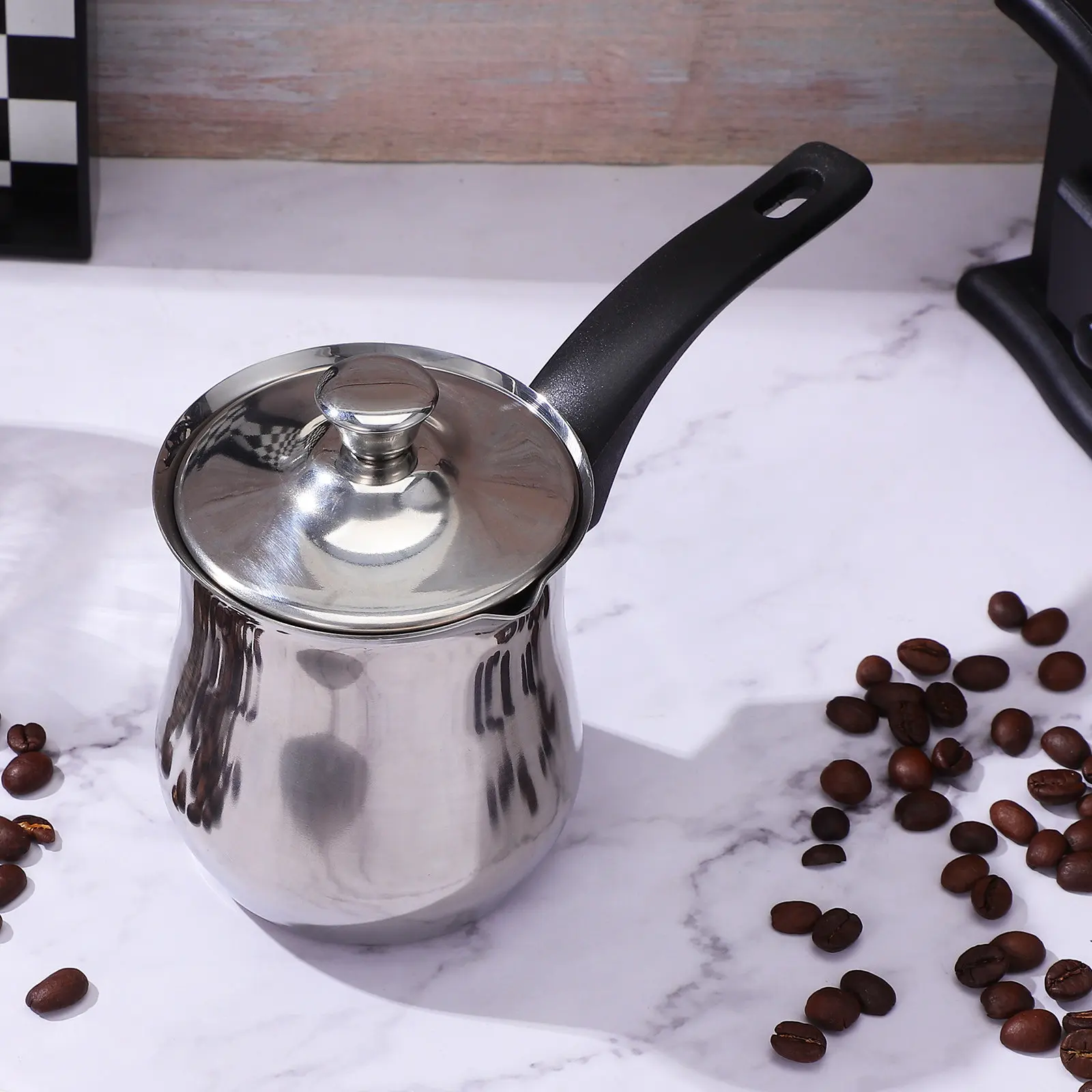 Turkish Coffee Pot 360Ml Stainless Steel Long Handle Lid Milk Frothing Butter Melting Small Sauce Pan Stove Top Home Camping
