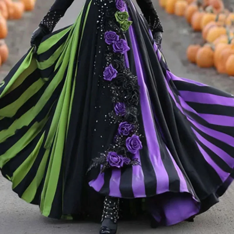 Kostium na Halloween Damski Seksowny Dekolt w Serek Wysoki Stan Długa Sukienka Retro Kwiatowy Wzór Łączona w Paski Sukienka na Imprezę Jesienna Sukienka Maxi typu Swing