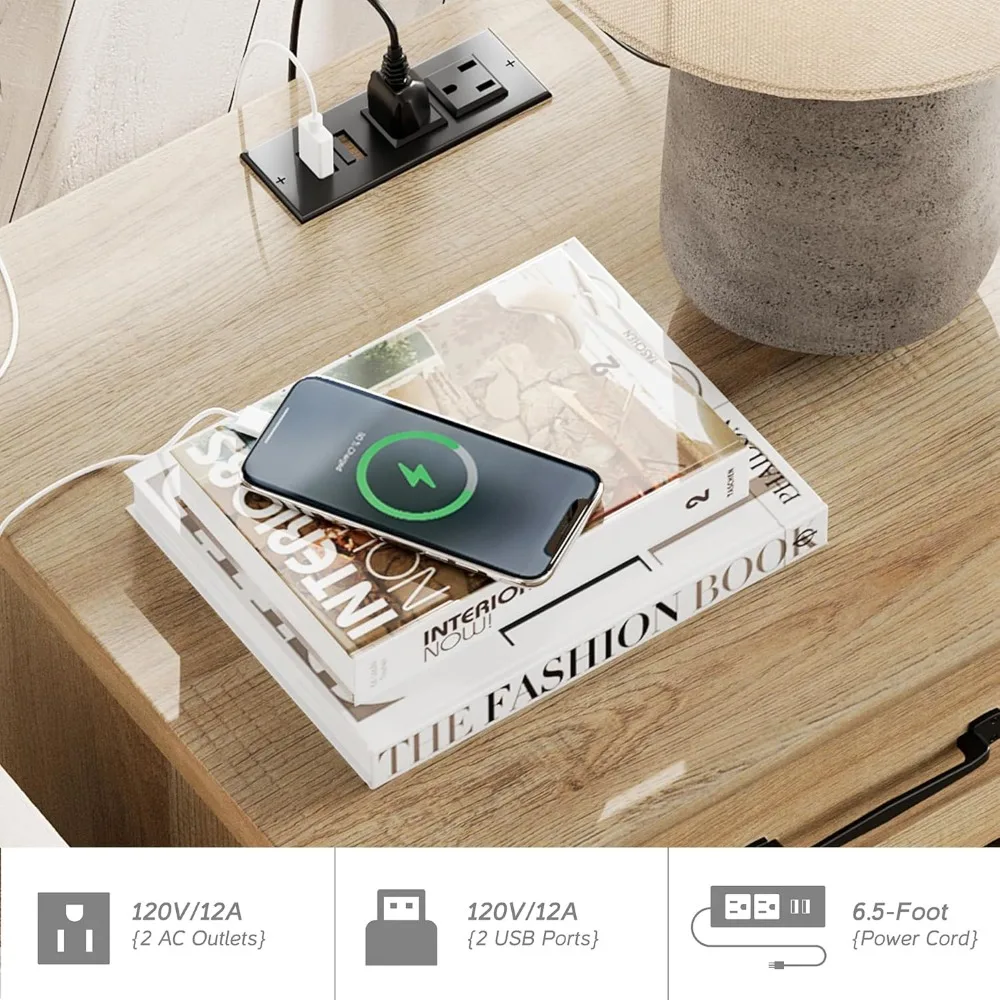 Par de mesas auxiliares de madeira clara com carregamento e armazenamento, mesa lateral de sofá equipada com gaveta, mesa de cabeceira rústica