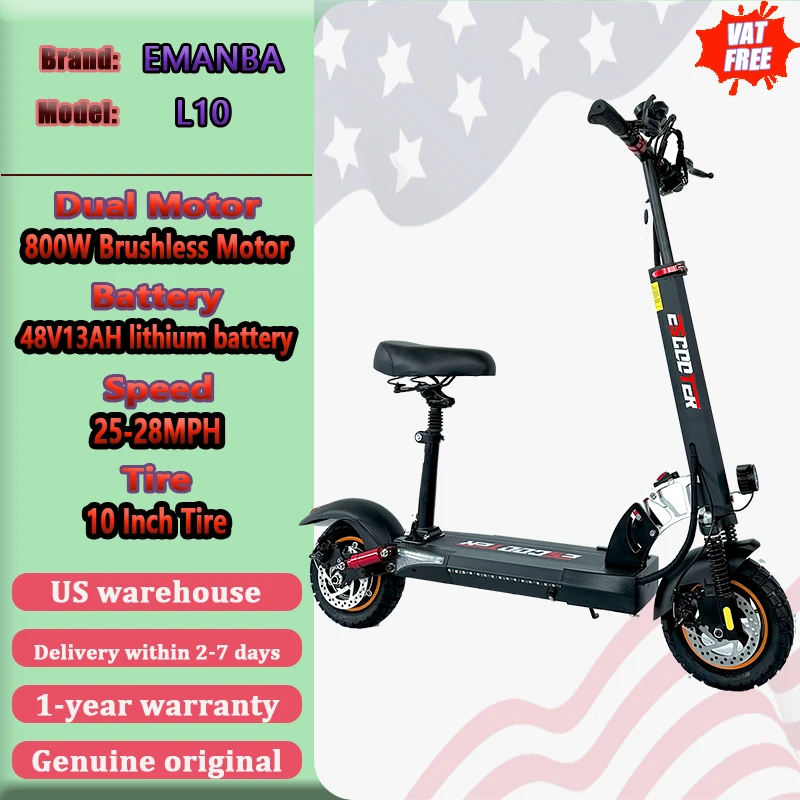 

Электрический самокат EMANBA L10, двигатель 800 Вт, 48 В, 13 Ач с сиденьем, складной электронный самокат, 10-дюймовый электрический самокат для взрослых с шинами
