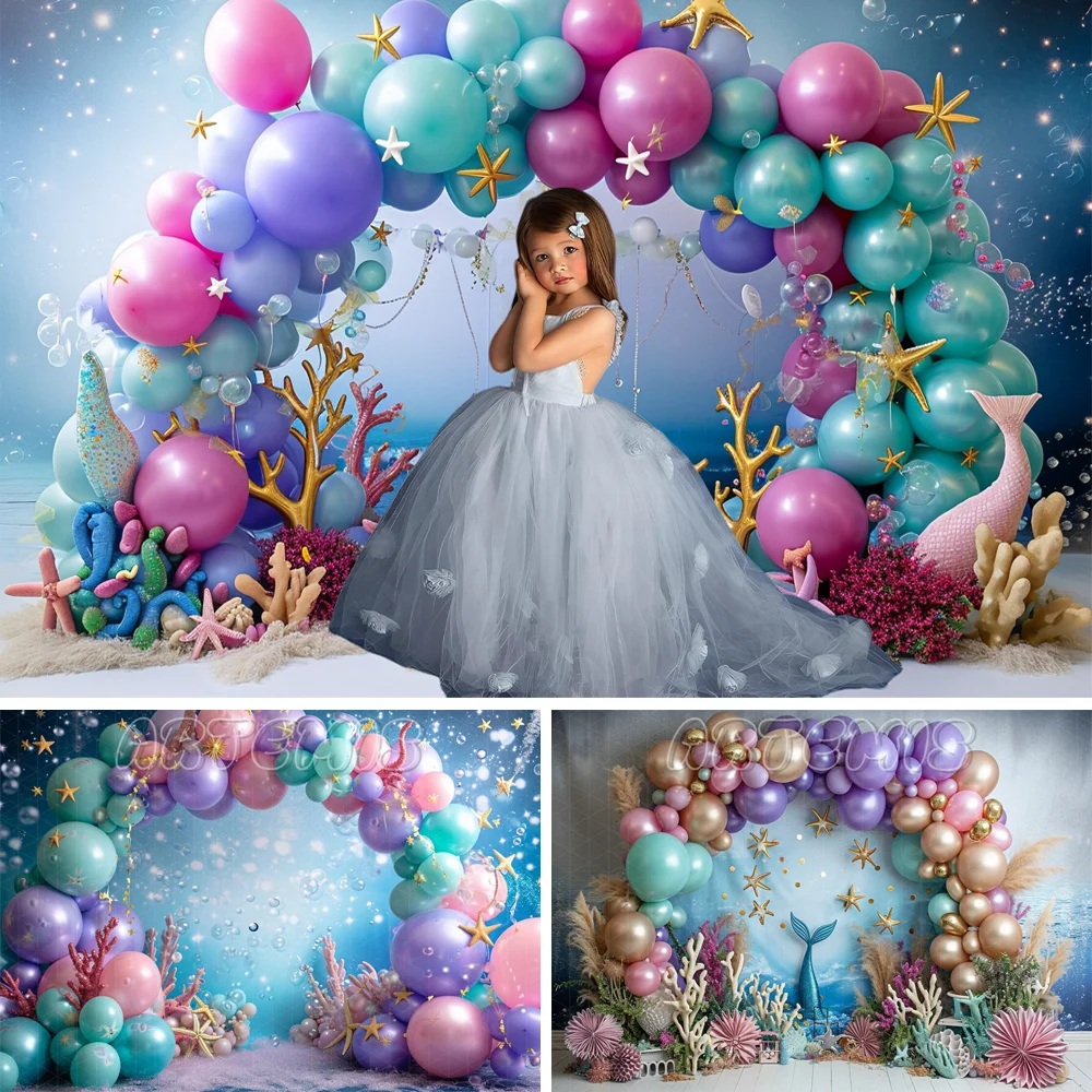 Mermaid Photography Backdrop Sea Coralline Foam Starfish Balloon Arch Baby Shower Birthday Cake Smash Background Photo Studio