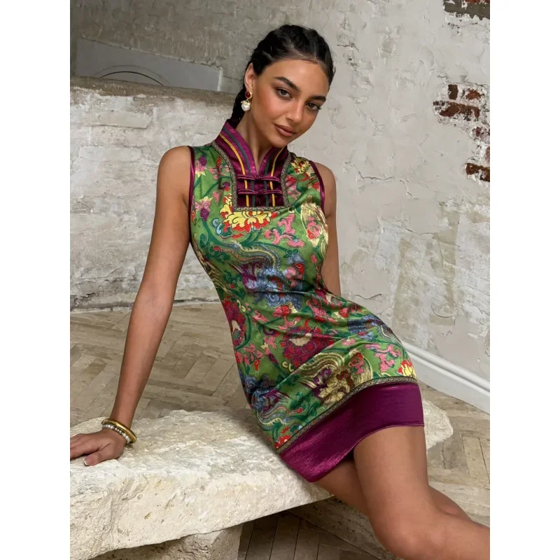 Retro Chinese Style Sleeveless Cheongsam Dress Women Slim Fit Short Qipao with Stand Collar Hollow Out Button Print Mini