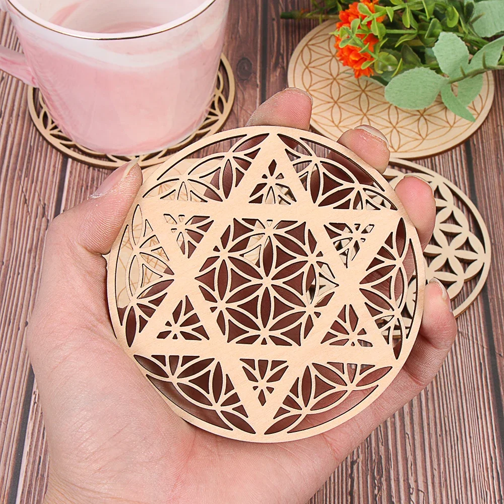 10PCS Round Edge Circle Engraved Coasters Natural Chakra Flower of Life Symbol Wood Stone Crystal Set Table Mat Kitchen Supplies