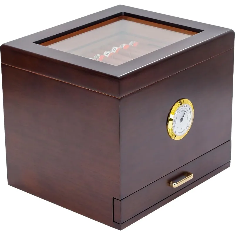 Cigar Humidor, Cedar Wood Lining Cigar Box with 2 Trays and Dividers, 2 Humidifiers, Hygrometer, Glass Top, Accessory Drawer,