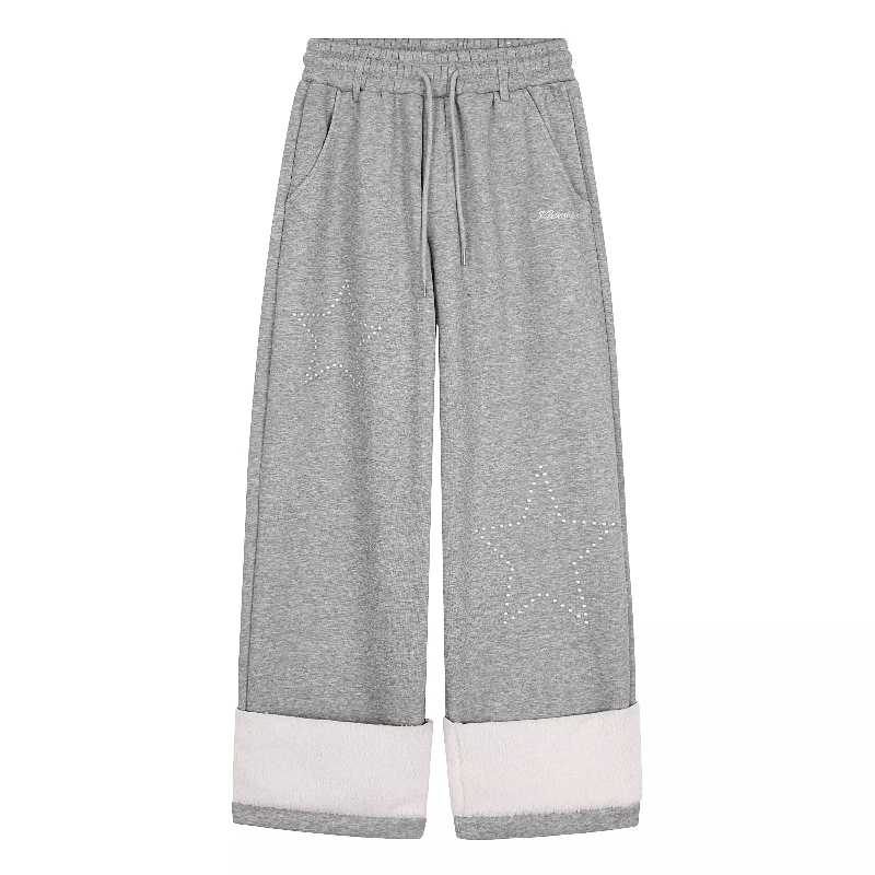 Vintage Design Star Pattern Lamb Wool Splicing Women's Pants Autumn Winter Versatile Fleece Lined Warm Wide-Leg Trousers Ladies