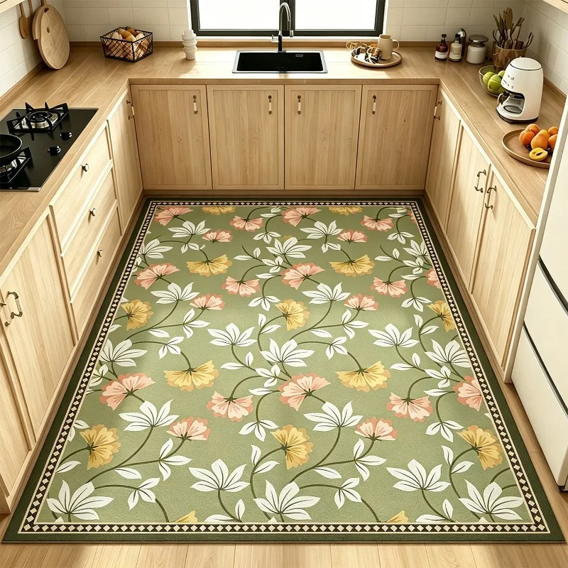 Colorful Green Leaves Carpet PVC Leather Kitchen Foot Mats Anti-slip Durable Floor Mat Oil-resistant Washable Easy Clean Rug 러그