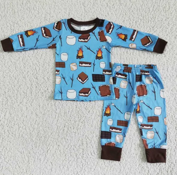 

Christmas Pajamas Set Wholesale Boutique Boys Flame Blue Long Sleeve Pajamas Set