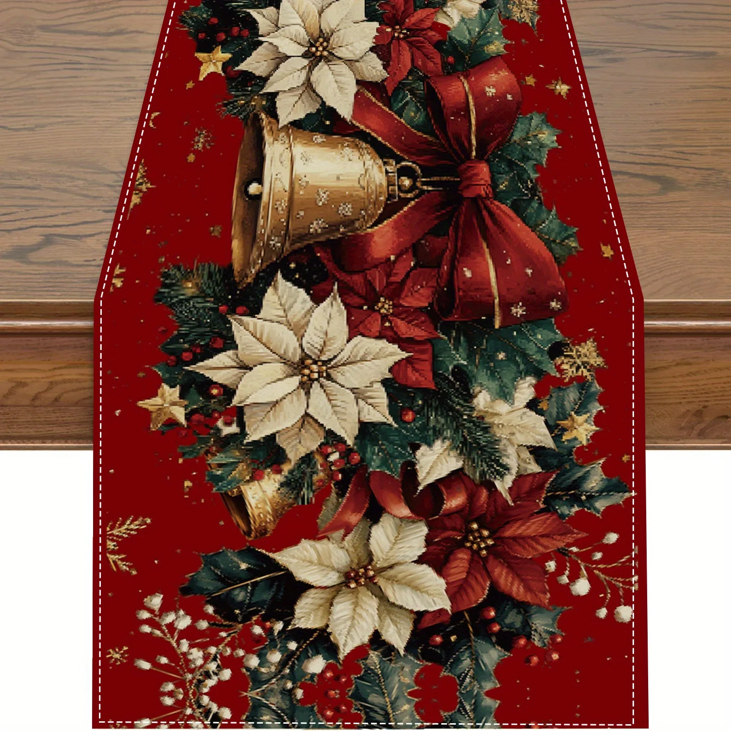 Christmas Poinsettia Flowers Table Runner Home Decor Winter Xmas Bells Berry Kitchen Dining Table Runners Christmas Decorations