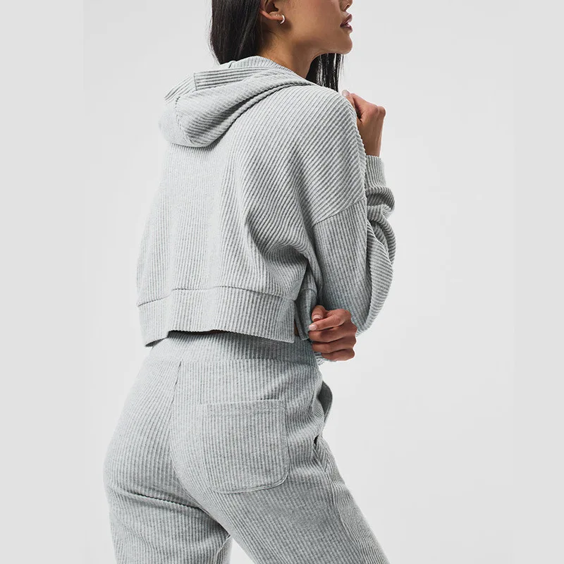 Corduroy Sweatshirts Women Tracksuit Loose Crop Top And Drawstring Sweatpants Sets Hoodie + Trouser Autumn Sporty Women Suit