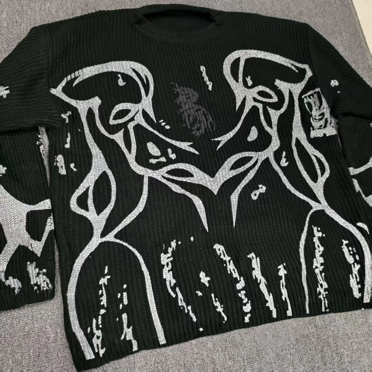 

Black Retro Long-Sleeved Punk Gothic Harajuku Knitted Sweatshirt Men And Women Y2k American Striped Tear High Street Sweaters