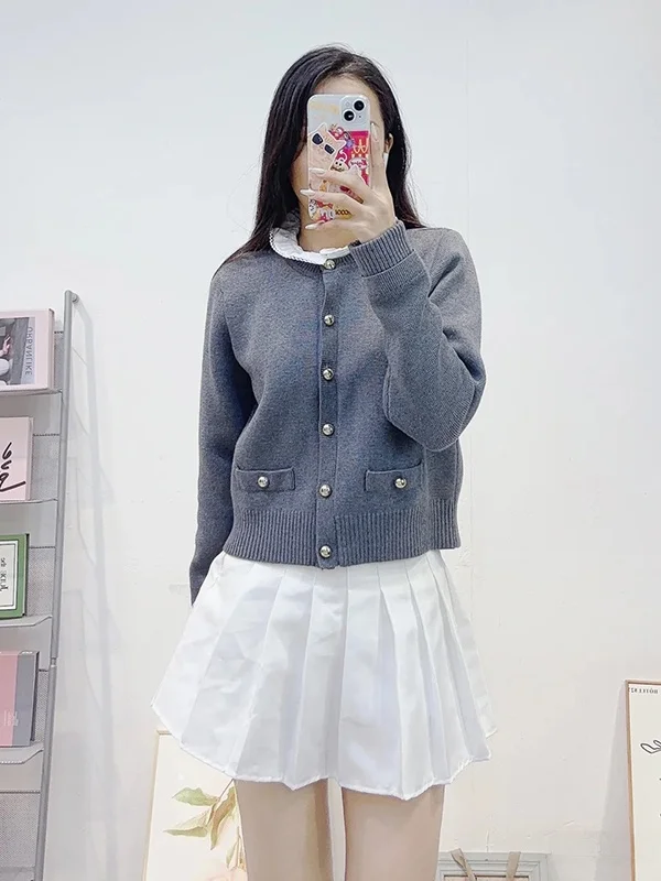 

Faionable Commute Knitted f-High Detachable Lace Collar Open Cardigan Coat Autumn Winter Seasonal Long Sve round Ne...