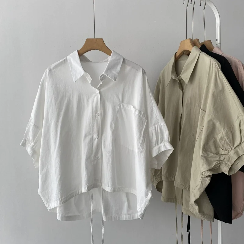 

Cotton Shirts for Women Vintage Short Sleeve Polo-neck Casual Summer Single Breasted Korean Style One-piece Blouse Women Tops