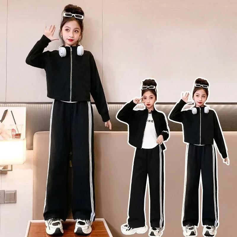 

Winter Children Girls Clothes Set Fashion Teenage Side Stripe Zip Jacket Coat Black Top & Pants 3pcs Suit Kid Baseball Tracksuit