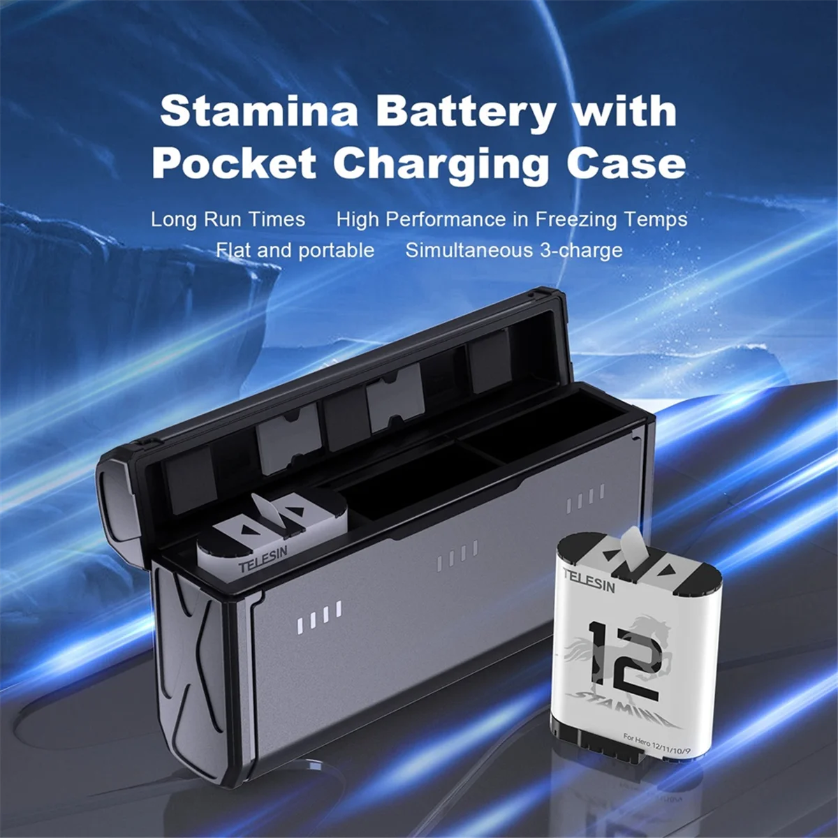 TELESIN สําหรับ Gopro Hero 12/11/10/9 3 Slots Charger Set เคสชาร์จแบบพกพา