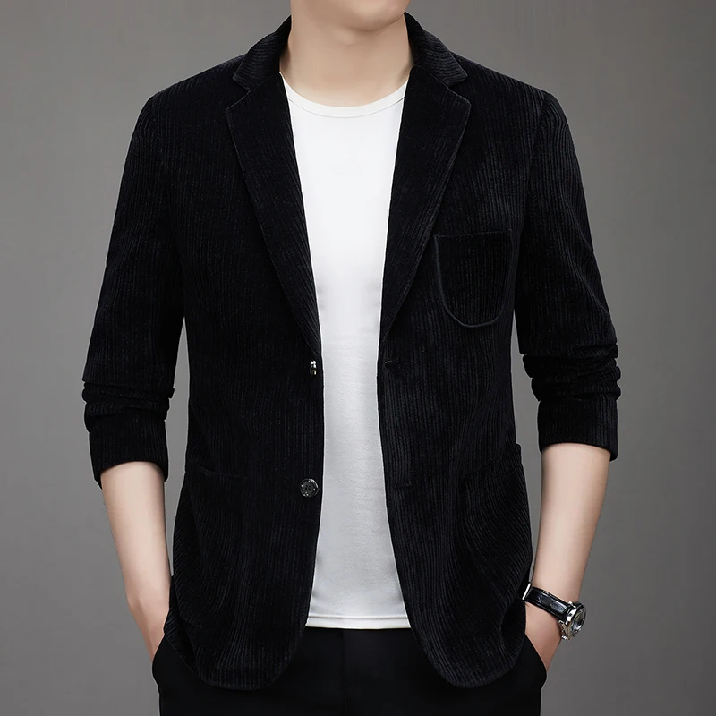 

Upgrade to the new fabric corduroy blazer for men. This is a two-button business casual slim-fit formal blazer.