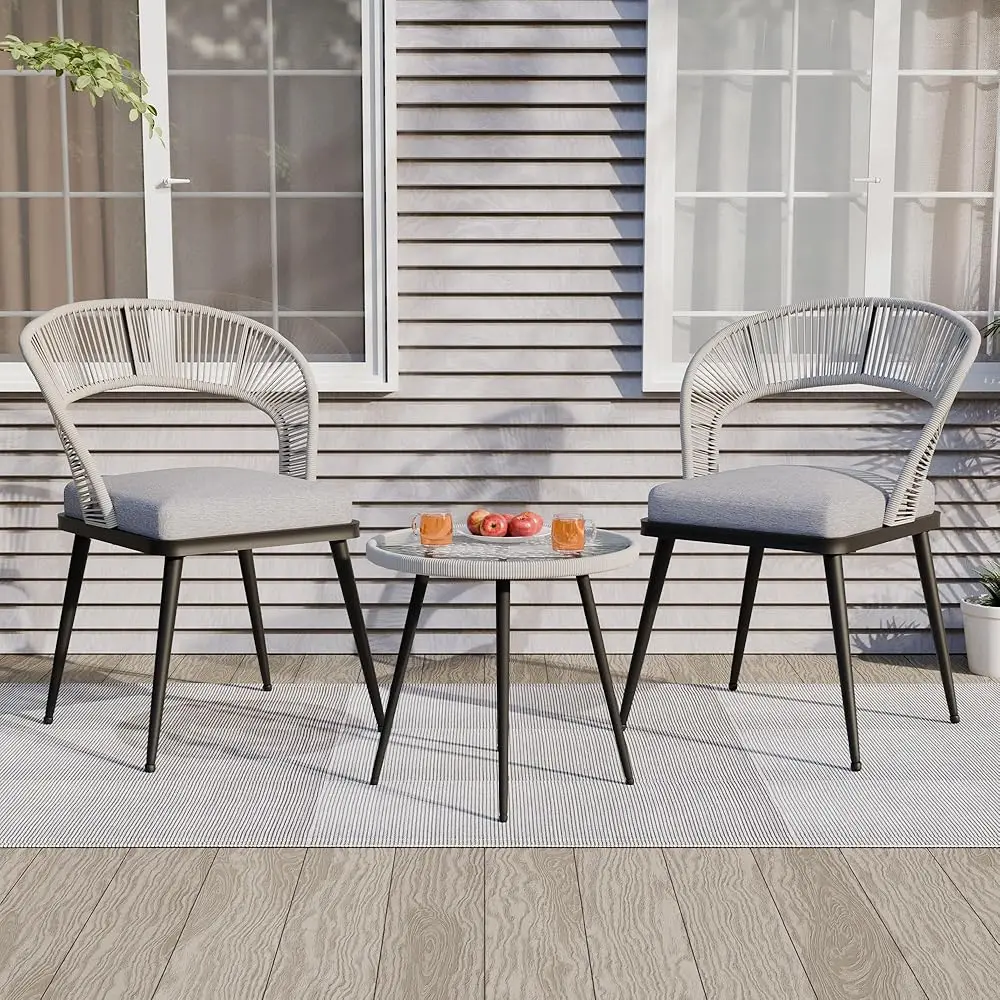 Muebles De Jardín tejidos De cuerda hechos a mano De 3 piezas, juego De muebles De Jardín con respaldo recortado para Patio, piscina, juego De Bistro, blanco