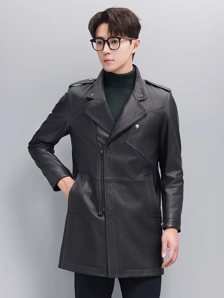 Fashion Mens Cowhide Genuine Leather Mid Long Jacket Lapel Collar Casual Business Work Trench Coat Zipper Slim Fit Windbreaker