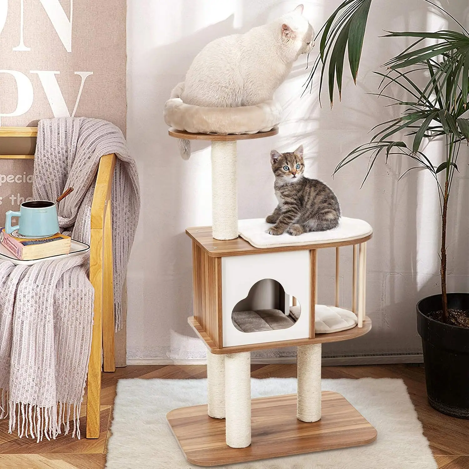 Modern Wood Cat Tree, 46 Inches Cat Tower with Platform, Cat Activity Center with Scratching Posts and Washable