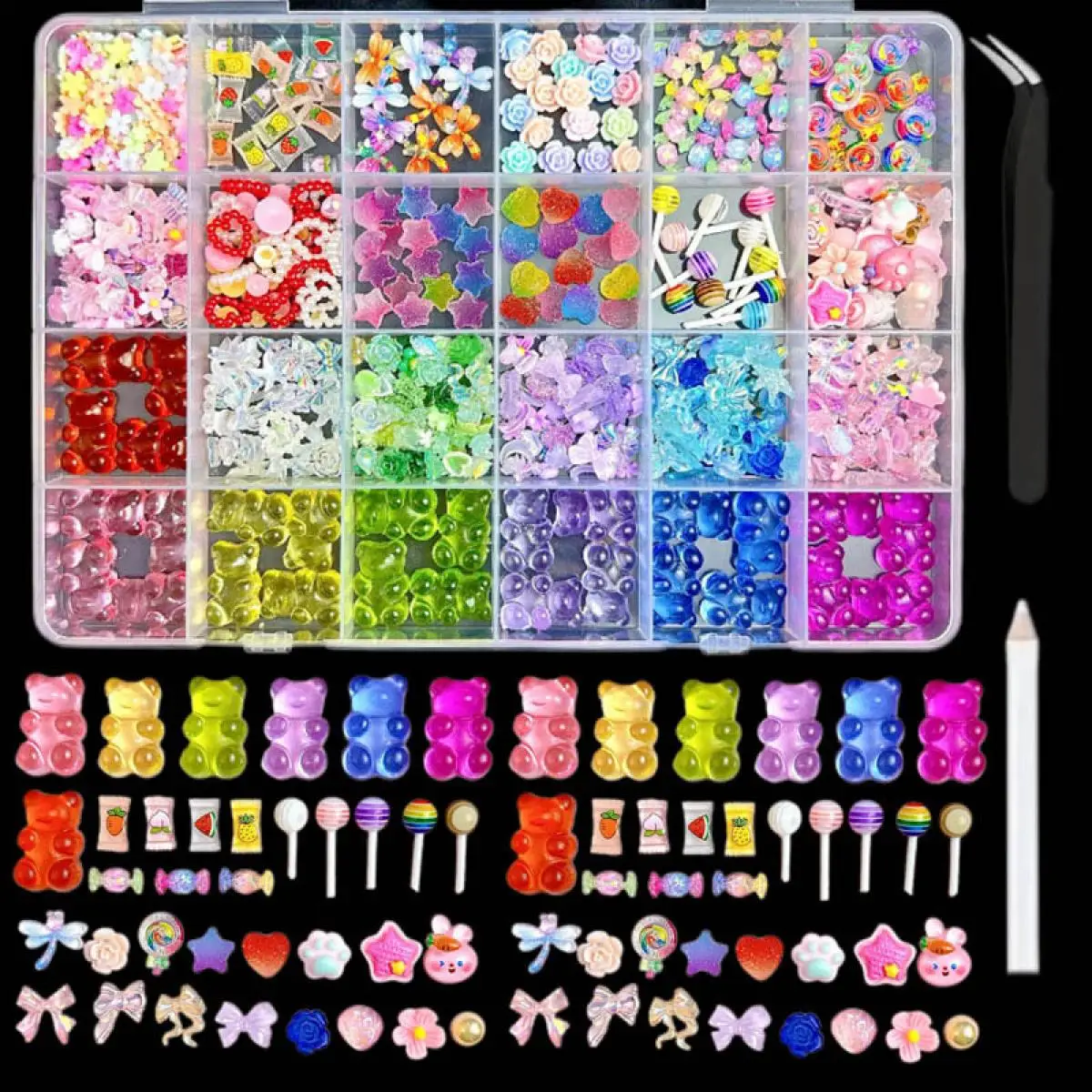 1Box Random Mixed Colorful Lolipop Bow Candy Nail Charms Simulated Gummie Bear Heart Nail Art Decoration Supplies For DIY Crafts